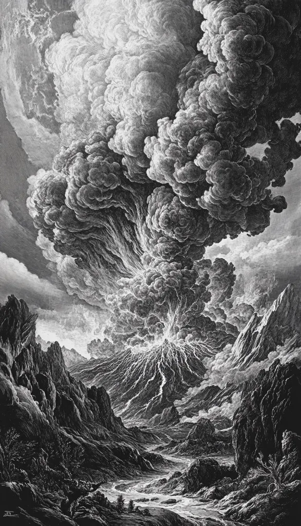 A dramatic black and white illustration depicting a volcanic eruption. A massive plume of smoke billows from the crater, obscuring the surrounding mountains and casting a dark shadow over the landscape. The volcanic ash and debris are scattered across the ground, creating a desolate and eerie scene. The image is filled with a sense of power and destruction, highlighting the raw and unpredictable nature of volcanic activity.  The detailed engravings create a textured and dramatic effect, bringing the scene to life.