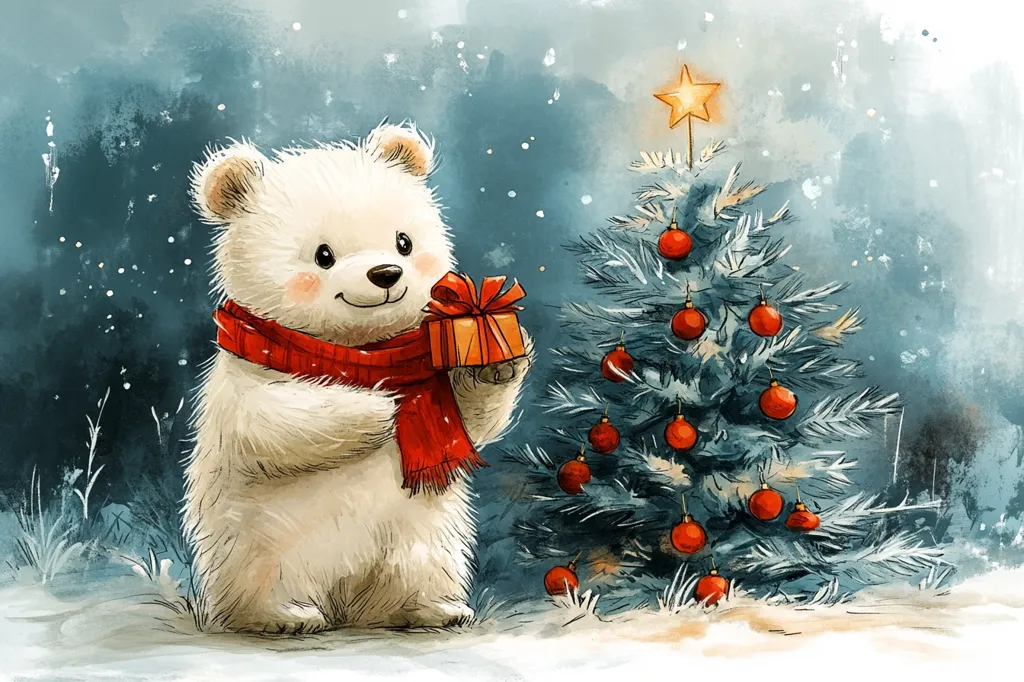 A white bear wearing a red scarf is standing in front of a decorated Christmas tree. The bear is holding a red-wrapped gift box. The tree is adorned with red ornaments and a star on top. Snowflakes are falling from the sky. The image is painted in a watercolor style, giving it a soft and whimsical feel.
