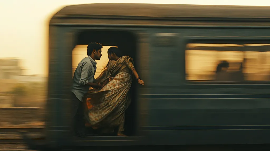 A man and a woman stand in the doorway of a moving train. The woman is wearing a traditional sari, and the man is wearing a light blue shirt. The train is moving fast, causing the background to blur. The man is looking at the woman, and the woman is looking out the window. The scene is set in a bustling city, with buildings and people moving in the distance.