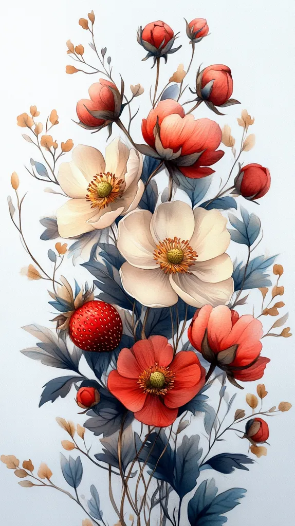 The image depicts a watercolor painting of a delicate floral bouquet.  A mixture of vibrant red and white flowers are arranged in a lush cluster, with their petals rendered with intricate detail. The surrounding foliage is a mix of deep greens and browns, adding depth and texture to the composition. The overall effect is one of beauty and natural grace.