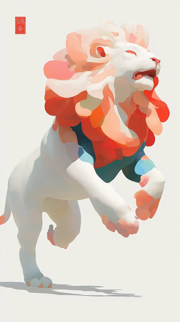 The image depicts a stylized white lion with a vibrant red mane, painted in a painterly style with soft edges and bold colors. The lion is depicted mid-leap, its head tilted back and mouth open, suggesting a roar or a joyous cry. The composition is simple, with the lion against a white background, highlighting the bold colors and dynamic pose of the animal. The overall effect is one of playful energy and vibrant life.