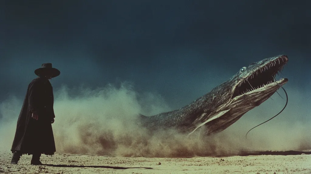A man in a long black coat and a wide-brimmed hat stands in a desert, facing a monstrous, toothy sea creature that has emerged from the sand. Dust swirls around the creature, obscuring its full form. The man appears calm despite the terrifying situation, creating a sense of mystery and suspense.  The sky is a dark, stormy blue, emphasizing the isolation and danger.