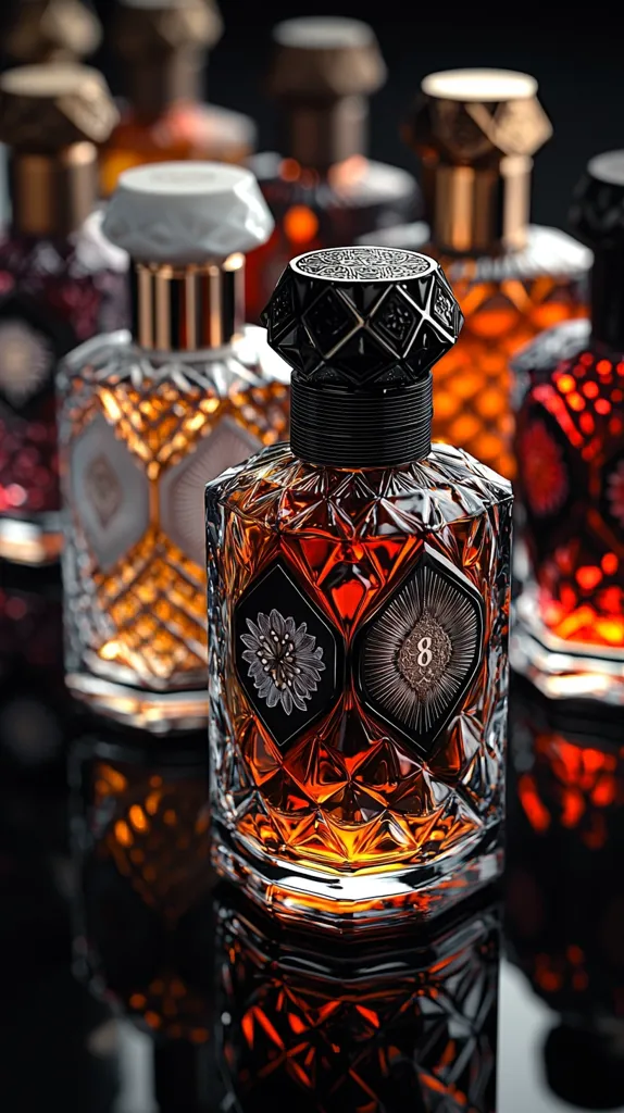 A close-up shot of several bottles of amber-colored liquid, with a focus on one bottle in the center. The bottle has a black, diamond-shaped cap, and the label features a floral design and the number "8." The bottles are arranged on a black surface, and reflections create an intricate pattern. The image highlights the luxurious and intricate details of the bottles.