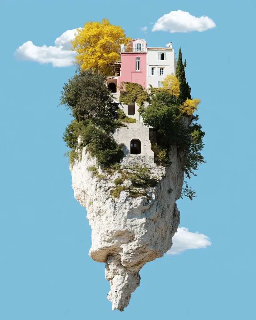 A white cliff with a cluster of buildings and trees floats in the air against a bright blue sky. White clouds are scattered around the cliff, adding to the surreal feeling. The buildings are mostly white, with one standing out in a bright pink. Trees are scattered around, adding a touch of life to the scene. The cliff is textured and appears as though it's about to fall.