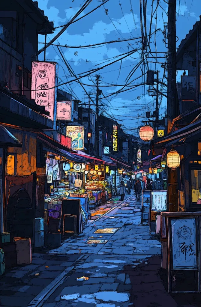 A narrow street in Japan, lined with shops and restaurants, is depicted in a digital painting style. The scene is set at dusk, with a blue sky and a few wispy clouds. The street is illuminated by the soft glow of lanterns and the warm light spilling out from the shops. The scene is bustling with activity, with people walking by and merchants setting up their wares. The image evokes a sense of peaceful tranquility and the charm of a traditional Japanese town.  The artist has used a muted color palette, with shades of blue, purple, and pink, to create a sense of atmosphere. The use of rough lines and textures adds a sense of realism to the image.  The overall effect is one of quiet beauty and serenity.