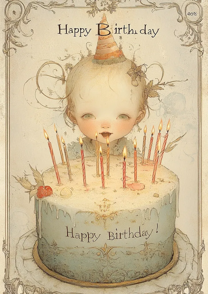 A birthday card with a whimsical illustration of a young girl wearing a party hat, looking at a cake with lit candles. The card has a vintage aesthetic with delicate floral designs and a soft color palette. The message "Happy Birthday" is written on both the top and bottom of the card, emphasizing the occasion.
