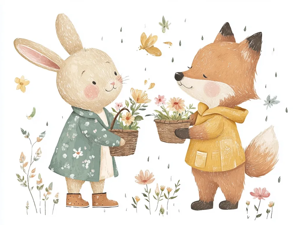 A rabbit and a fox are walking in a field of flowers. The rabbit is wearing a blue coat and carrying a basket of flowers. The fox is wearing a yellow raincoat and is carrying a pot of flowers. They are both smiling and looking at each other. There are raindrops falling from the sky and butterflies flying around them. The illustration is drawn in a whimsical style with soft colors and textures.