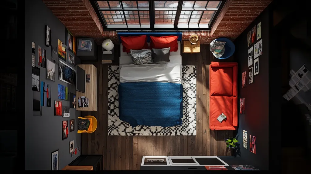 The image shows an overhead view of a loft apartment.  The room is decorated in an industrial style with exposed brick walls, a large window, and a variety of furniture in a color palette of red, blue, and yellow. The focal point of the room is a bed with a blue duvet and red pillows.  A red couch is in the background, and a wall full of pictures and posters adds character to the space.  Sunlight streams in from the window, creating a warm and inviting atmosphere.