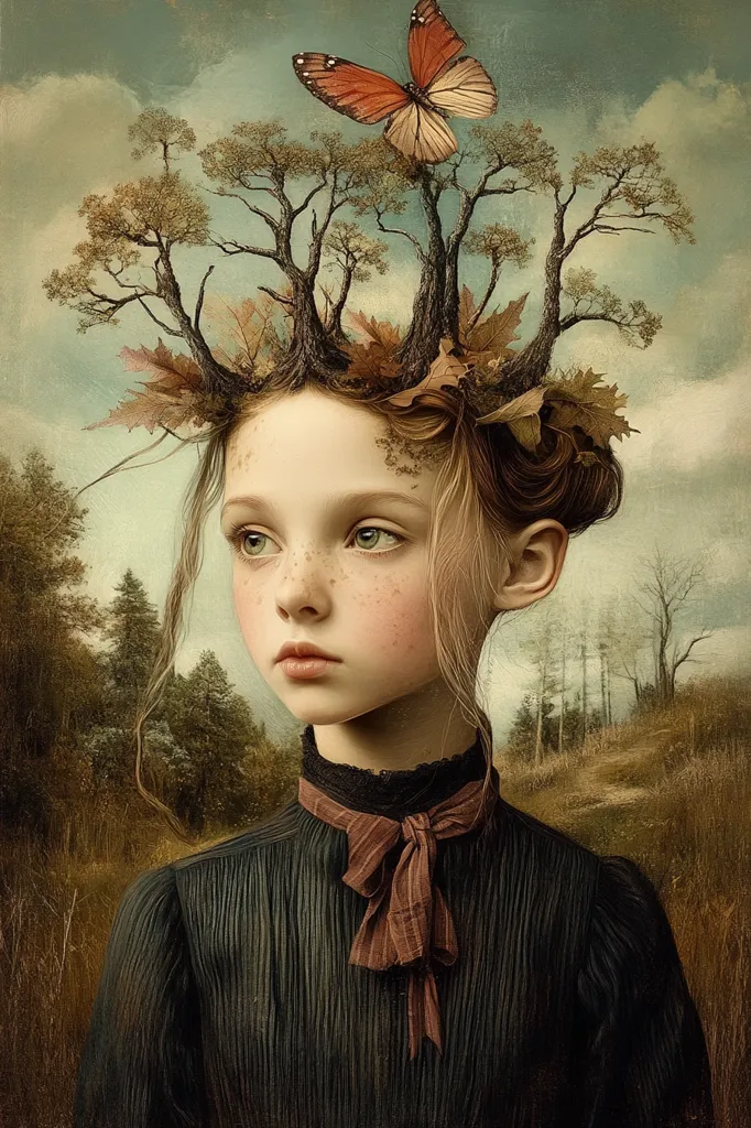 https://s.mj.run/FquQ0NXLR5Q https://s.mj.run/k6aIpI9U7zI , A woman with trees growing out of her head, hair, muted green soft colours , surreal vintage portrait of an otherworldly woman with trees on her head,, in the style of Andrey Remnev, in the style of Catrin Welz-Stein, in the style of Christian Schloe, in the style of Jean Delville, in the background is an autumn forest, green/olivegreen ,photorealistic vintage style portrait photography, surrealism photography, by christian schloe --chaos 20 --ar 2:3 --style raw --sref https://s.mj.run/lziWqtaKrRQ https://s.mj.run/u-K046VCDzs --personalize 4u4qxl8 --stylize 500 --v 6.1