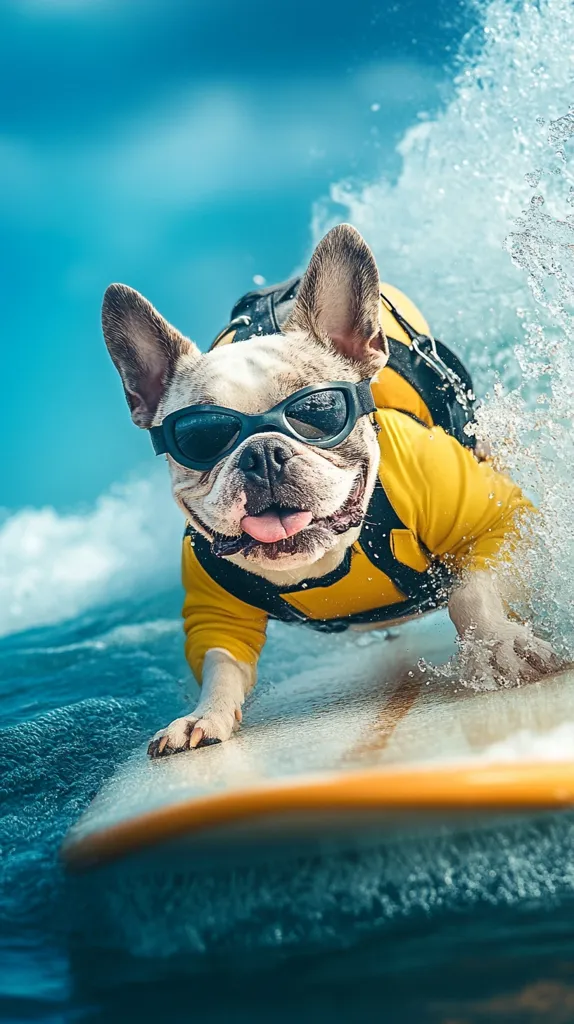 A French Bulldog wearing sunglasses and a yellow life vest is riding a surfboard in the ocean. The dog has its tongue sticking out and looks happy.  The dog is in focus, while the background is blurred.  The dog is surrounded by blue water and white waves.  The surfboard is partially visible in the foreground.  The dog's paws are on the surfboard, and its body is angled towards the camera.  The dog's eyes are closed, and it appears to be enjoying the ride.
