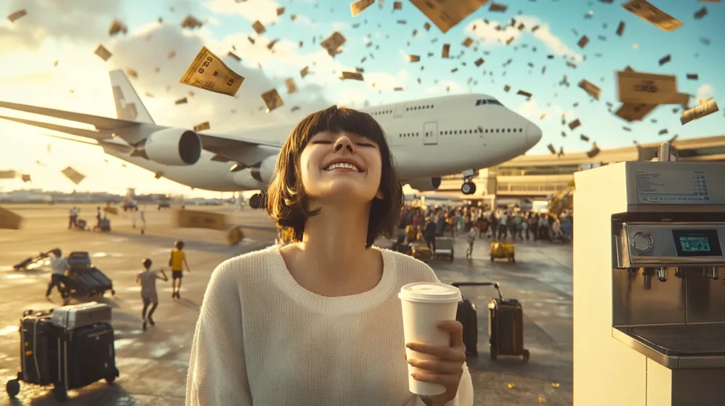 A young woman with short brown hair smiles happily at a departing airplane.  She is holding a paper cup of coffee and wearing a white sweater.  The airport is bustling with passengers and luggage.  In the background, the plane is surrounded by a shower of falling paper money.