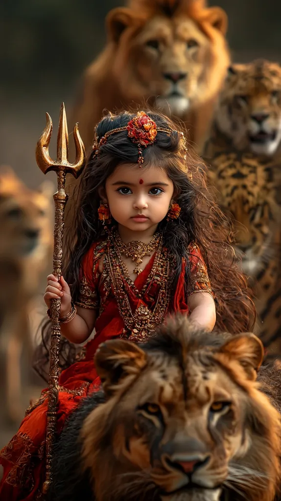 A young girl, adorned in traditional Indian attire, holds a golden trident and sits atop a lion. She wears elaborate jewelry and a red and gold dress. Her dark hair flows around her, and she looks directly at the viewer. The lion is in focus, while other lions and a leopard are blurred in the background, creating a sense of grandeur and power. The image evokes a sense of royalty and the mythical.