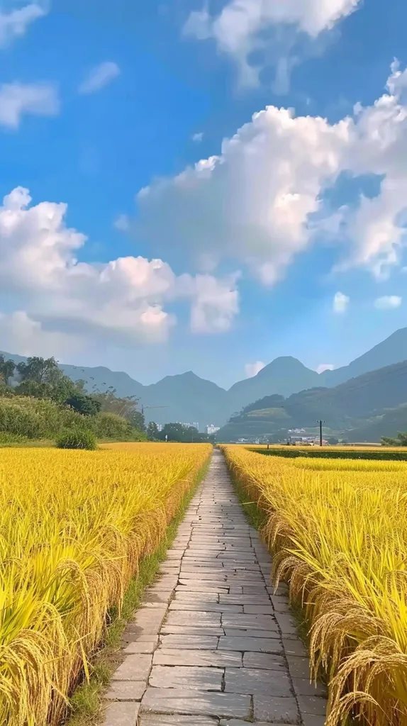A stone path winds through a field of golden rice stalks, leading towards a backdrop of blue mountains under a bright blue sky with fluffy white clouds. The scene is peaceful and serene, evoking a sense of tranquility and natural beauty.