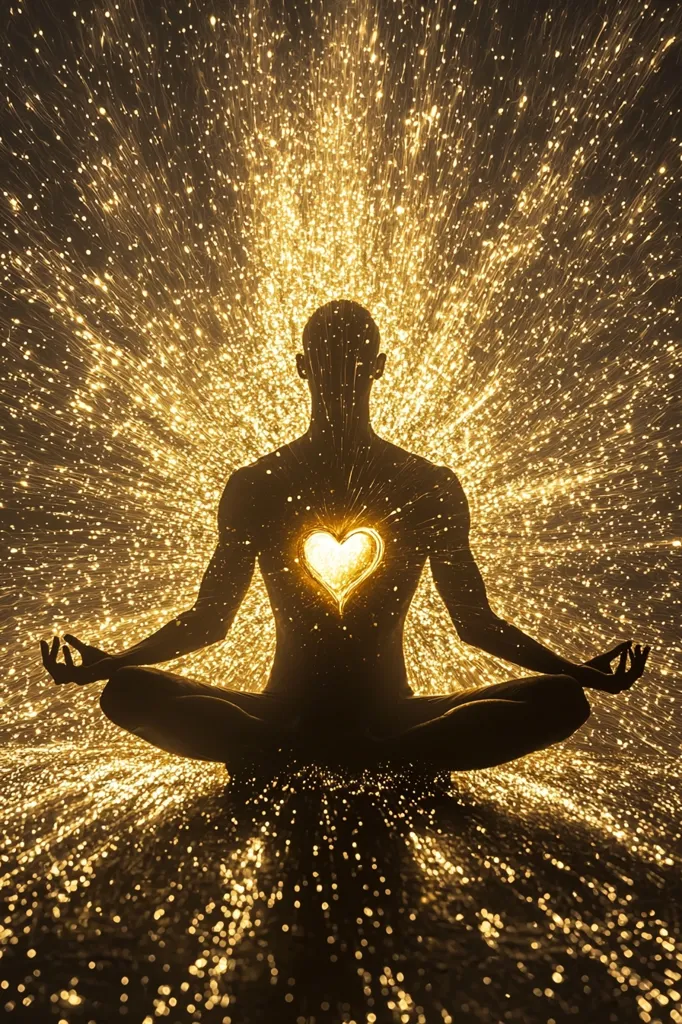 A silhouette of a person in a meditative pose is surrounded by a burst of golden light. The light emanates from the person's heart, which is depicted as a glowing heart shape. The image evokes a sense of inner peace, tranquility, and connection to a higher power.