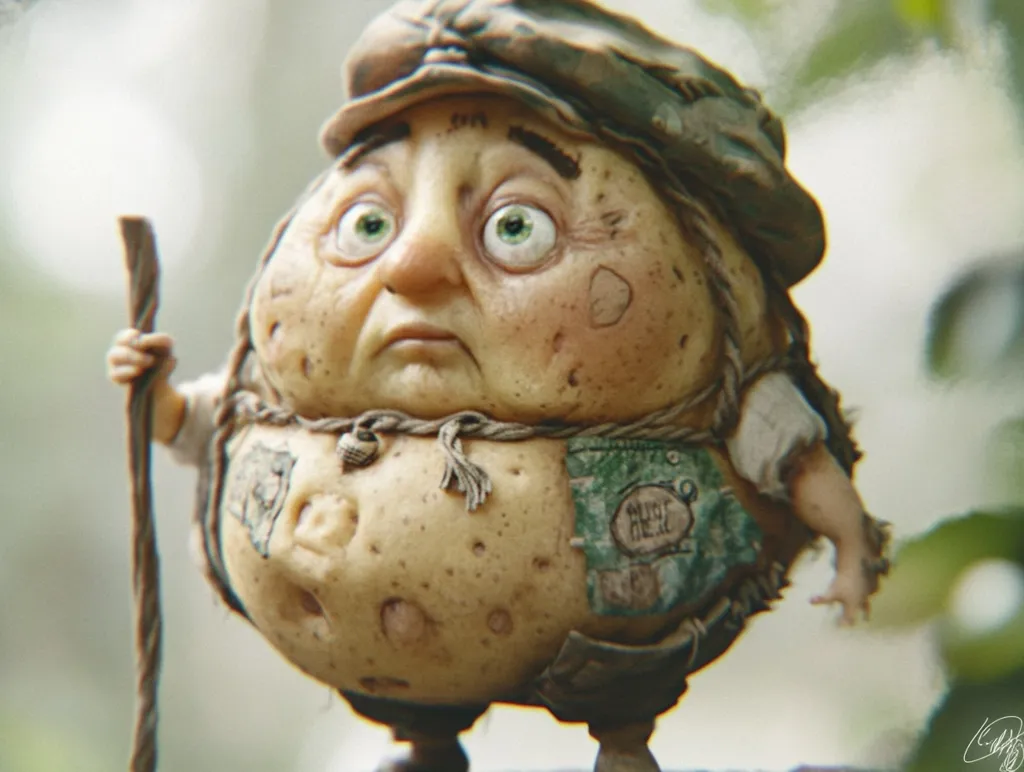A whimsical, anthropomorphic potato with large eyes and a worried expression is depicted. It is wearing a worn-out hat and clothes, holding a stick in its hand, and has a rope tied around its belly. The potato is set against a blurry green background, suggesting an outdoor environment. The character's appearance is both comical and slightly melancholic.