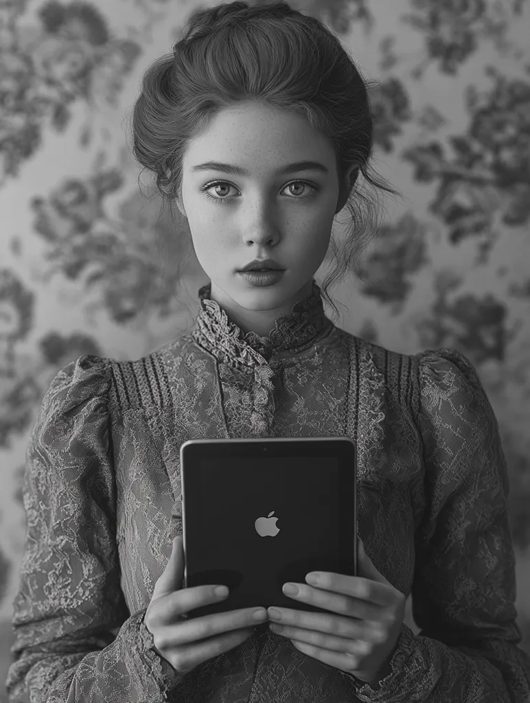 A young woman with her hair styled in a bun stares intently at the camera while holding a tablet. She is dressed in a vintage-style lace dress and the image is in black and white. The background is blurred, but appears to be a floral patterned wallpaper.  The woman's expression is serious and her gaze is direct. She is holding the tablet in front of her, as if showing it to the viewer.  The overall effect is one of mystery and intrigue.