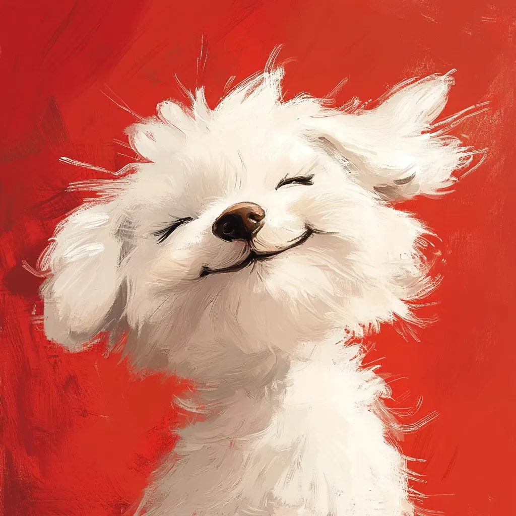A white dog with a fluffy coat smiles with its eyes closed, looking up with its head tilted slightly. The dog is set against a bright red background with textured brushstrokes throughout the painting. The dog's face is painted with a sense of playful innocence and joy.  The painting appears to be digitally created and emphasizes the dog's soft fur.
