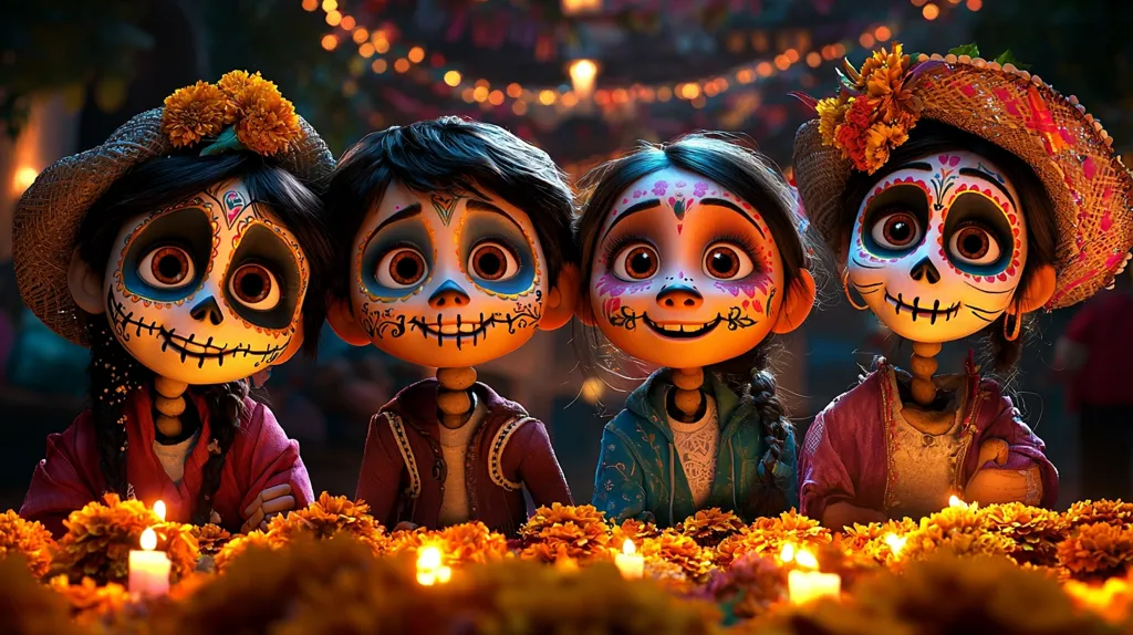 Four animated characters, with sugar skull makeup and bright eyes, smile at the camera. They are surrounded by marigolds and candles, a traditional aspect of Día de Muertos, the Day of the Dead. The characters are dressed in colorful clothing, adding to the festive atmosphere. The image evokes a sense of joy and celebration.