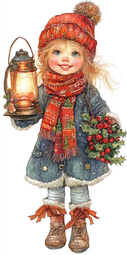 A young girl with rosy cheeks and blonde hair wears a red knitted hat with a white pom-pom, a blue coat, and a red and green scarf. She holds a lantern in one hand and a sprig of holly in the other. Her brown boots are tied with red ribbons. The illustration is painted in a soft watercolor style.