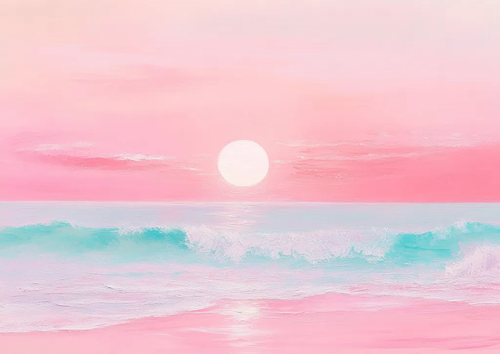 The painting depicts a serene seascape with a soft pink sky and a large white sun setting over the horizon.  The sea is a gentle turquoise with a white foamy wave rolling in. The beach is a soft pink sand, creating a calming and peaceful atmosphere. The artist has used a painterly style with visible brushstrokes, adding texture and depth to the scene.  The overall effect is one of tranquility and beauty.