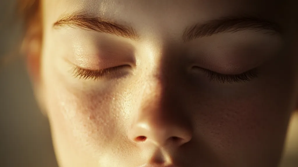 A close-up image of a person's face with their eyes closed, capturing the delicate features of their eyelids, eyelashes, and the bridge of their nose. The soft lighting accentuates the subtle texture of their skin.  The image evokes a sense of peace and tranquility.