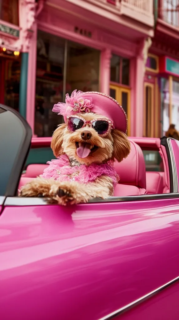 A small, fluffy dog wearing a pink hat, sunglasses, and a ruffled pink collar sits in the driver's seat of a pink convertible. It's looking directly at the camera, tongue sticking out, with a playful and sassy expression. The car and the dog are both brightly colored and well-dressed, creating a whimsical and stylish scene. The backdrop suggests a city street, adding to the sense of adventure.  The dog seems ready to hit the road in style.