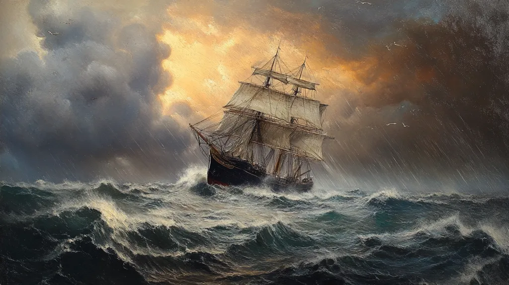 A large sailing ship with white sails navigates through a tumultuous sea. The sky is dark and stormy, with rain falling and the sun barely visible. The ship is battling against powerful waves, but it is continuing on its journey. The painting evokes a sense of both danger and beauty, as the ship bravely faces the elements.