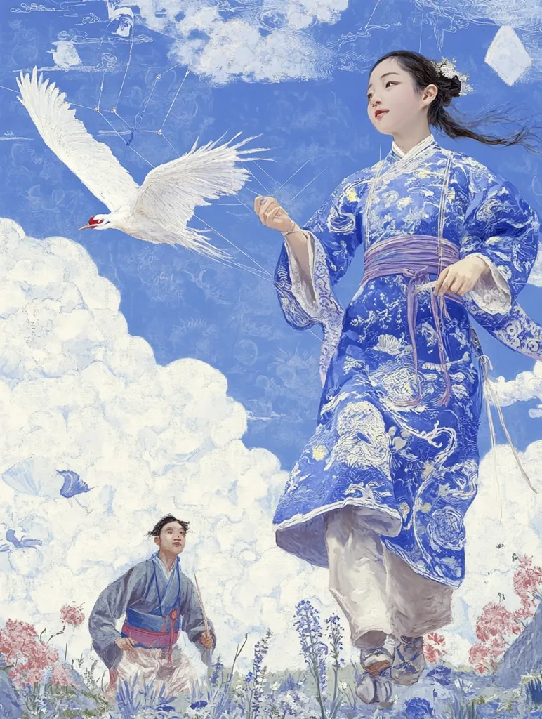 A young woman in a blue and white dress, with a white bird in her hand, stands in a field of flowers. The woman is looking upwards, and the bird is flying in the air. There is another figure, possibly a man, in the background. The sky is blue and filled with clouds, with the woman looking like she is on a journey. The entire scene is filled with a sense of wonder and magic.