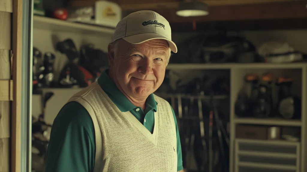 An older man, wearing a white golf vest and a green baseball cap, smiles at the camera while standing in a well-lit garage.  Shelves line the walls behind him, filled with golf equipment and other sporting goods.  The man's relaxed posture and warm smile suggest he is enjoying his hobby and the space he has to pursue it.