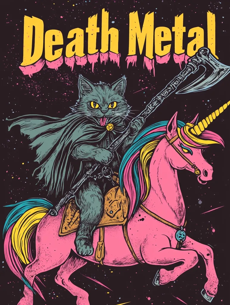 A black cat wearing a cloak and holding an axe is riding a pink unicorn with a rainbow mane in space. The words "Death Metal" are written in yellow and pink above them. The image is set against a black background with colorful stars and streaks.  It has a dark and humorous vibe, juxtaposing the sweet unicorn with the aggressive imagery of the cat and axe.  The overall impression is one of unexpected and playful danger.