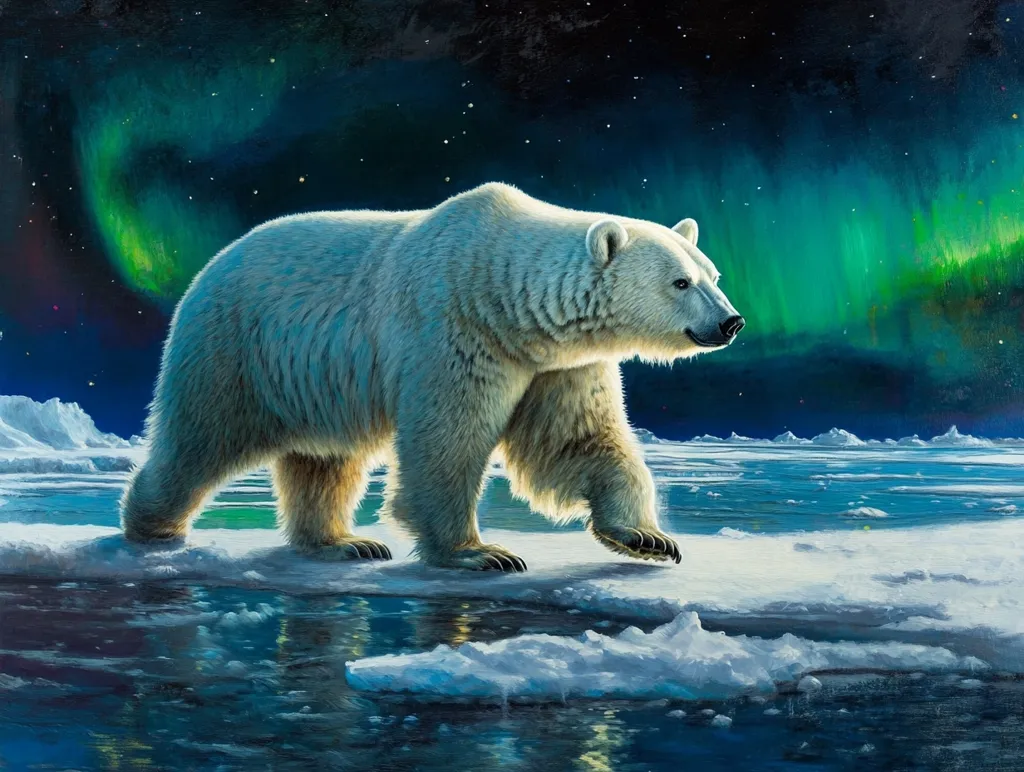 A large polar bear walks across a frozen arctic landscape.  A vibrant green aurora borealis illuminates the night sky, reflected in the icy water below.  The scene is both serene and powerful, showcasing the beauty and harshness of the Arctic environment.