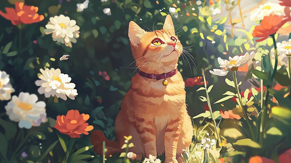 A cute orange tabby cat with a bell collar sits in a field of white and orange flowers. The cat is looking up with an expression of curiosity and wonder. The scene is painted in a soft, whimsical style, with the sunlight filtering through the leaves and casting a warm glow on the cat and the flowers. The overall image is one of peace and tranquility.