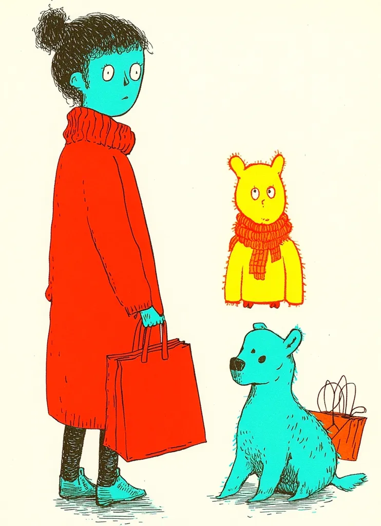 The image features a cartoon illustration of a woman in a red coat and blue shoes, carrying a red shopping bag. She has blue skin and dark hair. A yellow bear wearing a red scarf stands to the right of the woman. A blue, furry dog is on the bottom right. All figures are drawn in a simple, whimsical style. The background is a plain, light yellow. The overall tone of the illustration is playful and lighthearted.