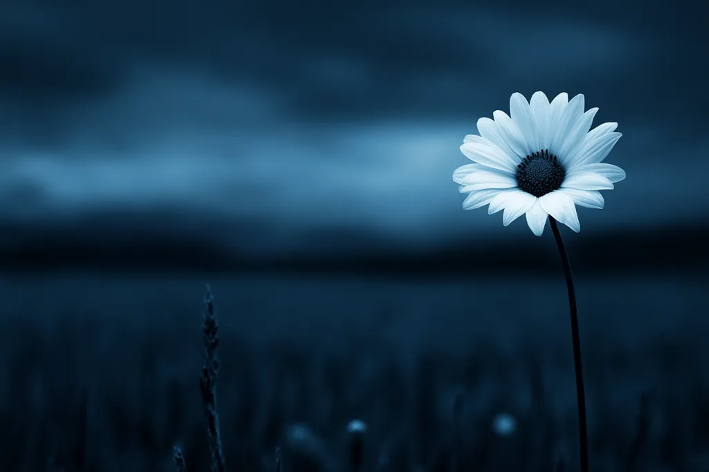 A single white daisy stands out against a dark blue background, its petals delicate and open. The blurred background suggests a field of wildflowers, bathed in the soft light of twilight. The overall mood is serene and contemplative, highlighting the beauty of a solitary flower.