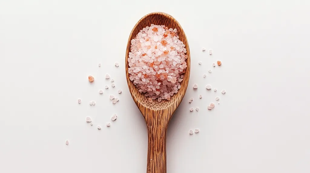 A wooden spoon filled with pink Himalayan salt is on a white background. Some salt crystals have fallen from the spoon and are scattered around it. The salt is a light pink color, and the spoon has a light brown color.  The image has a minimal and clean aesthetic.