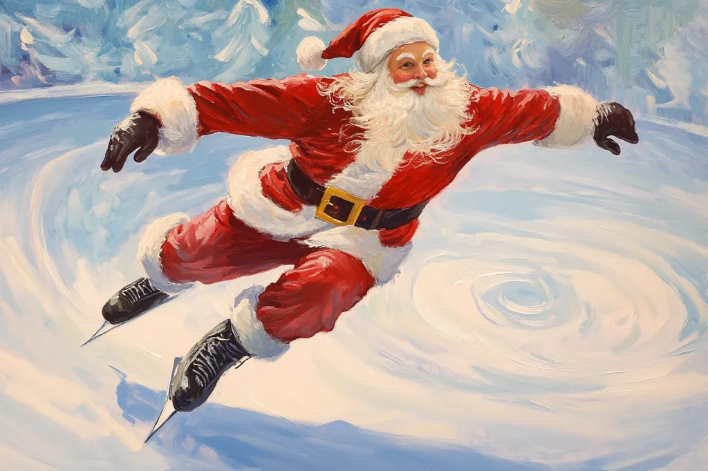 A jolly Santa Claus, wearing his traditional red suit, skates across a snowy landscape. He is mid-air, his arms outstretched, leaving a swirling trail behind him as he glides across the ice. The painting has a whimsical, festive feel, capturing the spirit of Christmas. The sky and snow are painted in soft, light tones, creating a dreamy atmosphere.