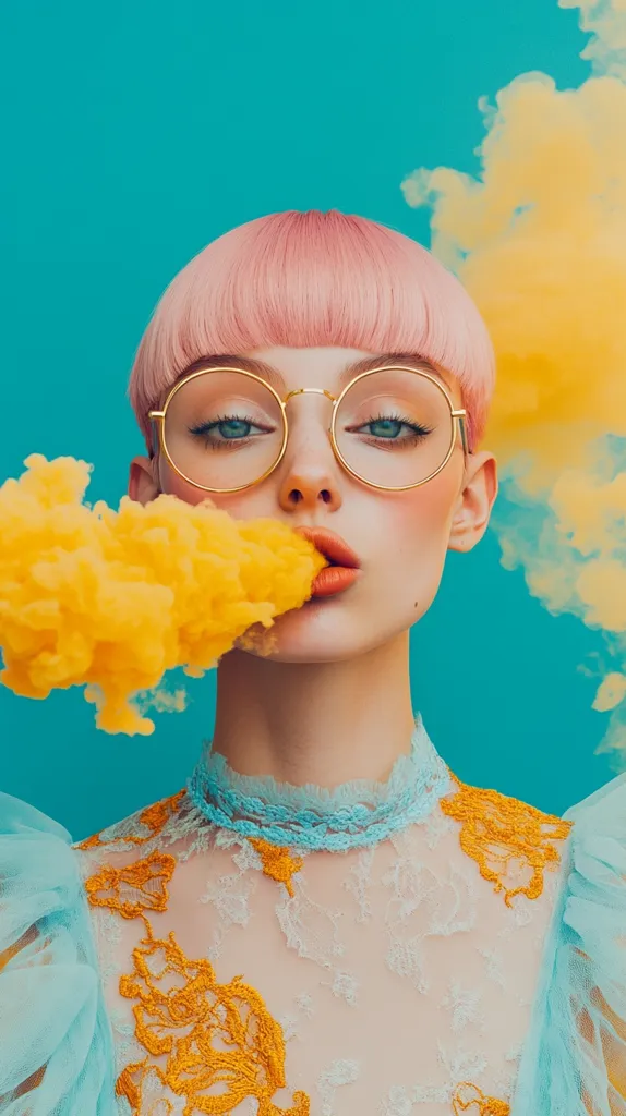 A young woman with bright pink hair and round, gold-rimmed glasses, blows a cloud of yellow smoke. The background is a bright teal blue with an out-of-focus yellow cloud to the right. Her lips are painted a bold red, and she is wearing a delicate, light blue lace top. The image is playful and whimsical, with a strong pop art feel.