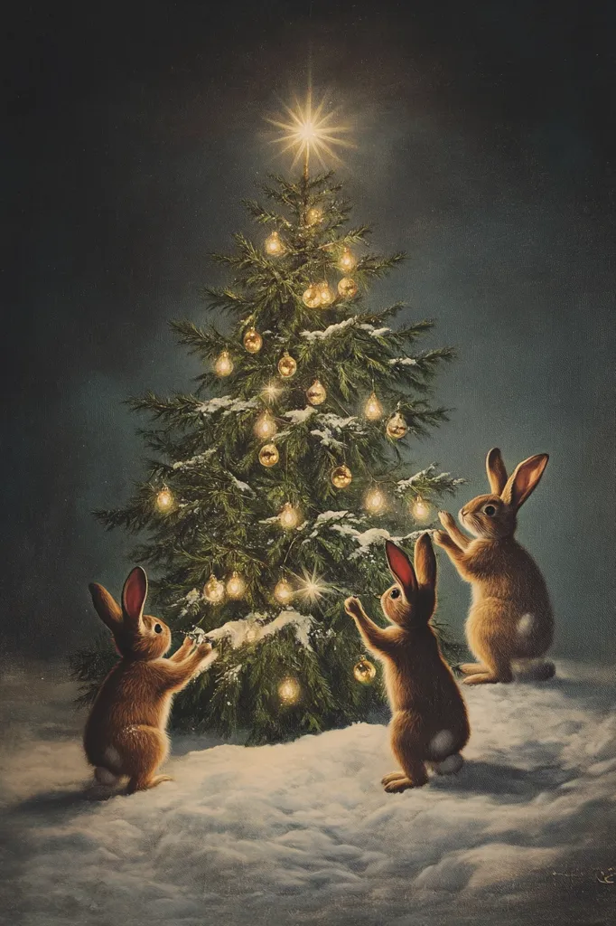Three rabbits stand in front of a large, decorated Christmas tree. The tree is adorned with twinkling lights and golden ornaments, and a star shines brightly at the top. The rabbits, with their long ears and fluffy tails, seem to be admiring the festive scene. The dark background and snowy ground create a magical and enchanting atmosphere. The image evokes a sense of wonder and joy, reminiscent of the spirit of the holiday season.