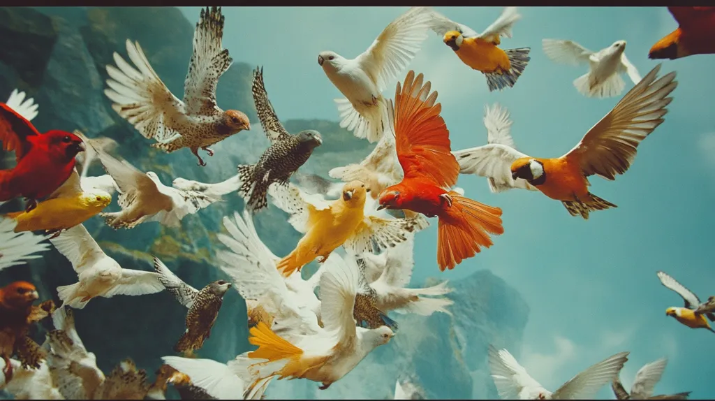 A vibrant array of birds, each with distinct plumage, soar against a clear, blue sky. The focal point is a bright red bird with a long, flowing tail, flying with its wings spread wide. Other birds, including white, yellow, and orange, create a dynamic composition. The backdrop is a hazy, mountainous landscape, adding depth to the scene.  The image captures the beauty and freedom of birds in flight.