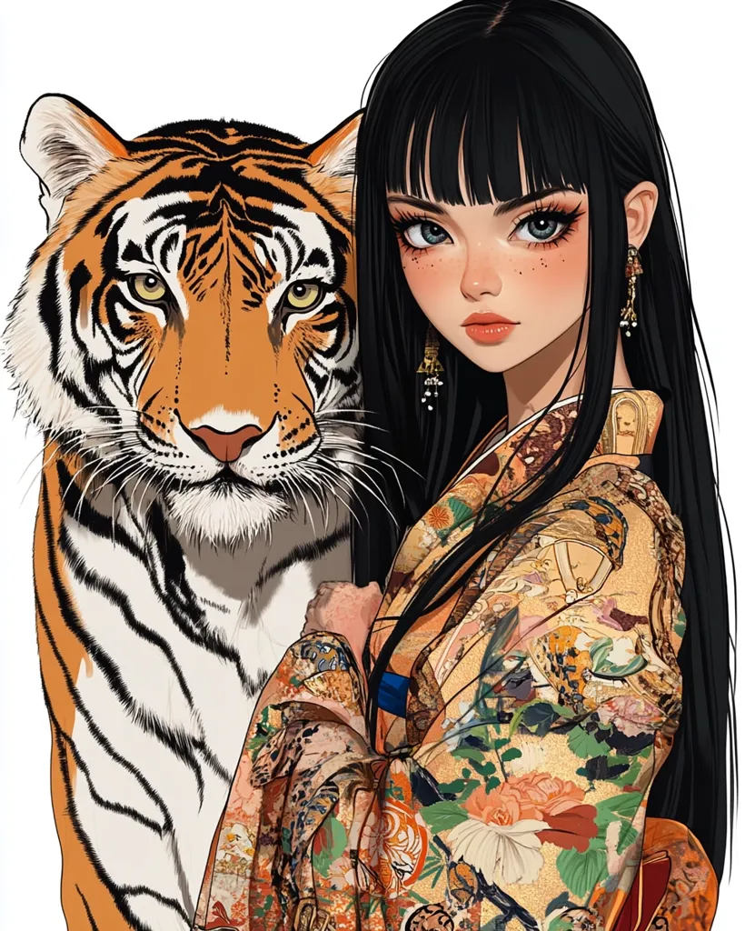 A young woman with long black hair, wearing a traditional Japanese kimono with intricate floral patterns, stands beside a majestic tiger. The woman's expression is serene, and her eyes are captivating. The tiger's gaze is intense, its stripes sharp and contrasting against the woman's soft features. The image creates a sense of both power and grace, a fusion of the wild and the cultivated.