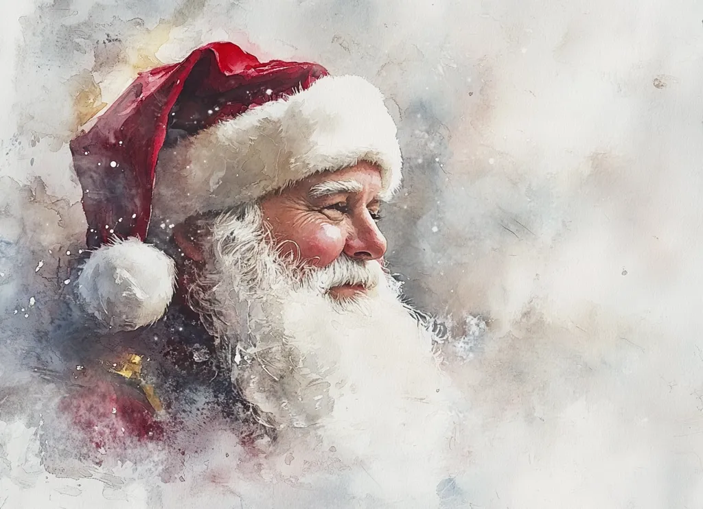 A watercolor painting of Santa Claus, depicted in profile, with a white beard and mustache, wearing a red hat with a white trim, and a red coat. His face is wrinkled, and he has a kind smile. He is standing in front of a snowy background, with snowflakes falling around him. The painting is soft and whimsical, evoking a sense of peace and joy.  The painting is created with soft brushstrokes and a delicate color palette.  The overall effect is one of warmth and cheer.