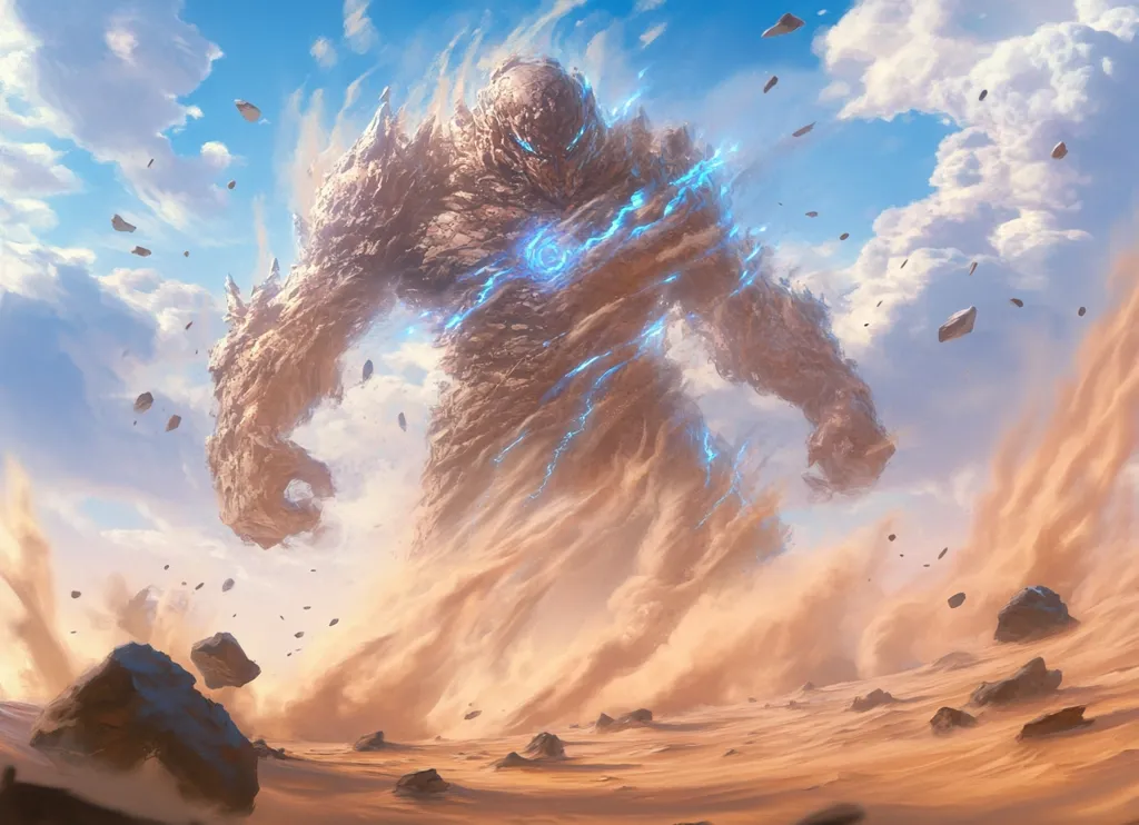 A giant, rocky figure stands in a desert, its form partially made of sand. The figure is made of swirling rock and sand, with blue lightning coursing through it. The figure's hand is raised, as if to strike. The desert is vast and desolate, with small rocks scattered around.  The sky is a bright blue, with wispy white clouds. The overall feeling of the image is one of power and danger.
