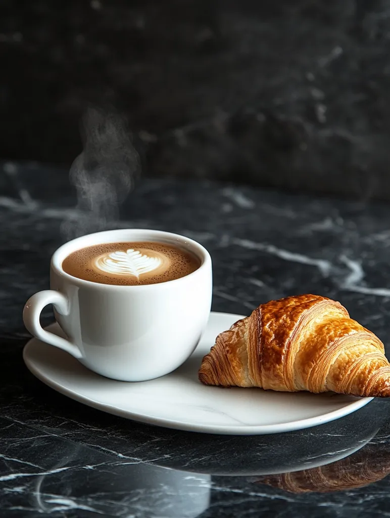 A white cup of steaming cappuccino with a leaf design in the foam sits on a white saucer next to a golden brown croissant. The simple breakfast is served on a black marble table.  The image evokes a sense of morning calm and a cozy breakfast setting.