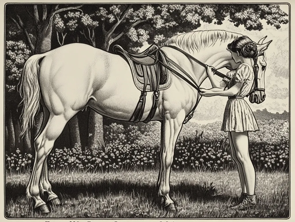 A young woman in a white dress is standing beside a white horse in a field. She is holding the reins in her left hand and is looking at the horse. The horse is standing calmly and has a saddle on its back. The scene is depicted in a black and white illustration with detailed shading and linework.