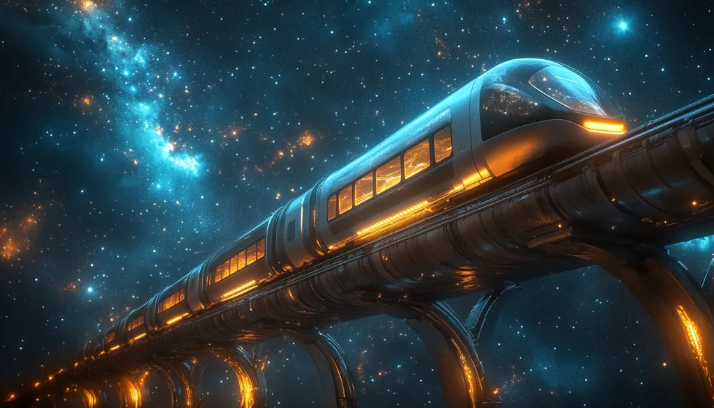 A futuristic train travels through space, suspended on a track of glowing metal. The train is sleek and modern, with large windows that offer a view of the vast starry expanse. The night sky is filled with twinkling stars, and a vibrant blue and orange nebula stretches across the background. The image evokes a sense of wonder and the promise of interstellar travel.