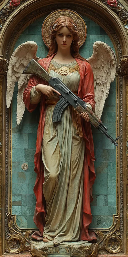 The image depicts a statue of a woman, possibly an angel, within an ornate, golden frame.  She is holding a rifle and is wearing a flowing robe with a red outer layer. The background is a tiled, turquoise wall. The woman's face is serene, suggesting a conflict between traditional religious imagery and a more modern symbol of war.