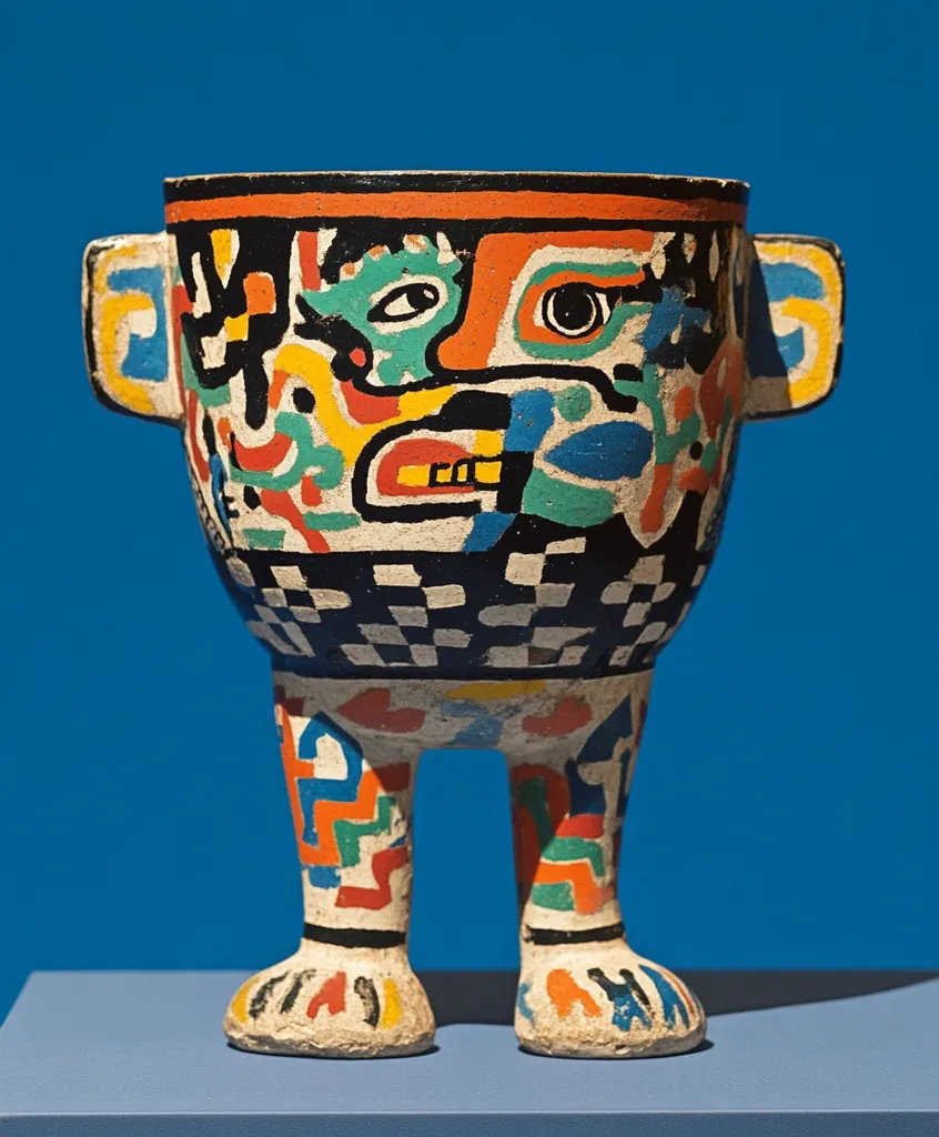 The ceramic vase has a whimsical, abstract design with a central face that resembles a stylized mask. It is painted in bold colors, including red, yellow, blue, green, and black, with a checkerboard pattern around the middle. It stands on two thick legs that are also painted in colorful abstract designs. The vase's unusual form and bright colors create a playful and eye-catching aesthetic.  It's a modern, expressive piece of art.
