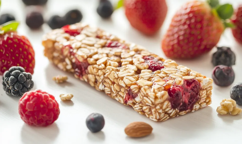 A granola bar with red and black berries, an almond, and a strawberry on a white surface. The granola bar is made with oats, nuts, and dried fruit. The berries are scattered around the bar. The image is a close-up and the colors are vibrant.