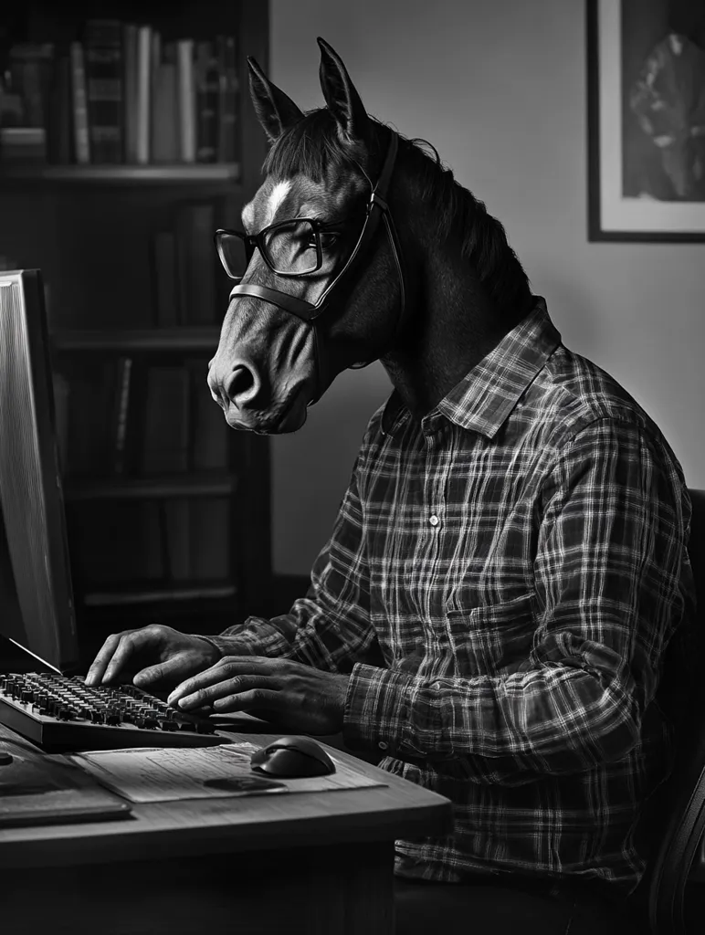 A horse, wearing glasses and a plaid shirt, sits at a desk and types on a computer keyboard. The image is in black and white, giving it a stark and humorous feel. The horse's focused expression and human-like actions create a playful juxtaposition. The background features a bookshelf and a framed picture, adding context and depth to the scene.  The image evokes a sense of whimsy and encourages contemplation about the unexpected.
