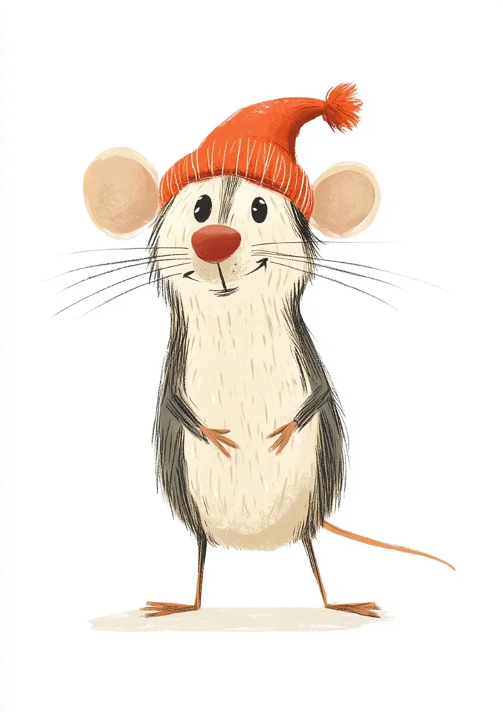 A cartoon mouse with large, round ears and a fluffy tail is wearing a red knitted hat with a pom-pom on top. The mouse is standing with its legs slightly apart and its paws crossed in front of it. The mouse has a big, happy smile and is looking to the side. The background is white.